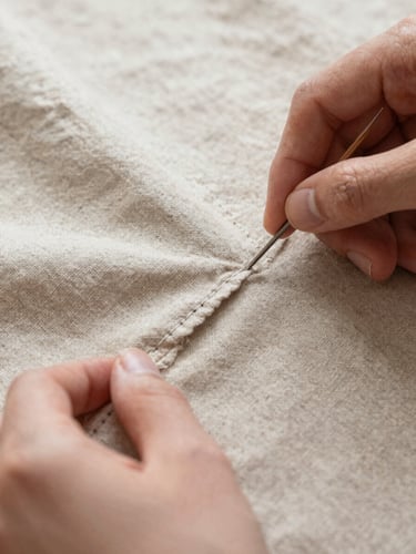 Detailed macro shot of fine stitching on a premium linen fabric, hands of a craftsman visible, soft natural light, warm neutral tones