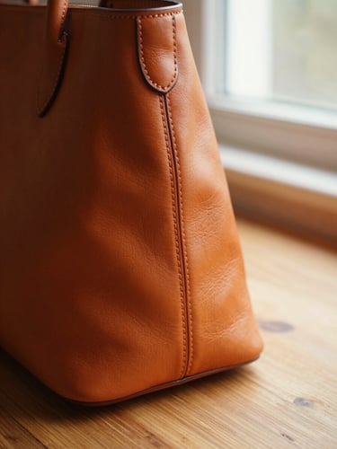 Close-up macro shot of a finished leather handbag with pristine stitching, resting on a wooden workbench under warm natural window light