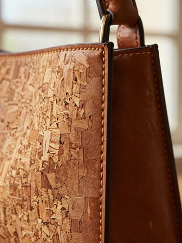 Close-up macro shot of a hand-stitched handbag showing the tactile contrast of raw cork grain and rich brown leather, warm natural window light, shallow depth of field