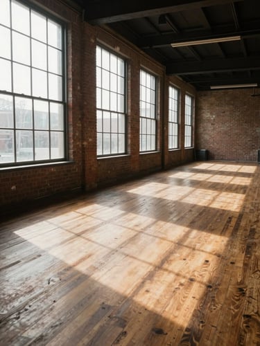 Wide environmental interior of a vacant commercial space, tall windows casting north-facing daylight across worn hardwood floors, brick wall visible to the right, deep perspective drawing the eye to the far end of the room, no furniture, no people