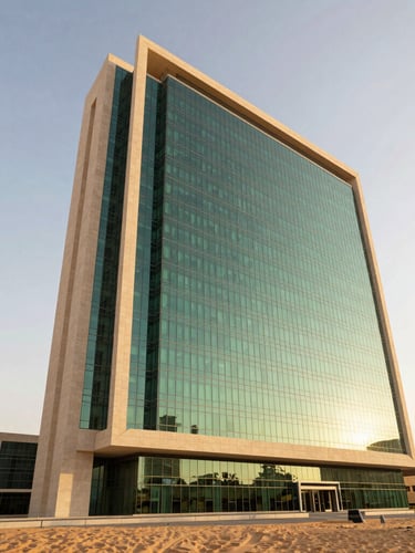 Low angle architectural shot of a modern, sleek corporate headquarters in Riyadh, warm desert sand tones reflecting evening sunlight, clean lines, high prestige, medium format editorial photography.