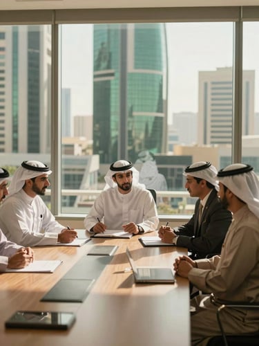 A highly professional, warm-toned medium shot of a modern boardroom in Riyadh, natural window light casting soft shadows, GCC executives in traditional attire discussing strategy, architectural details of the King Abdullah Financial District visible through the glass, medium format, editorial style.