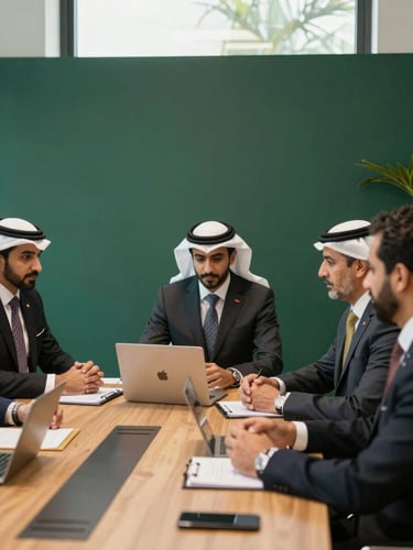 Environmental corporate photography of GCC executive leaders collaborating around a wooden table, warm natural window light, deep forest green accents, authentic boardroom setting