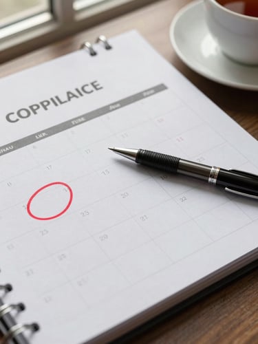 Close overhead view of a compliance calendar on a desk, several dates circled in red ink with a pen resting across the page, practical office daylight from a nearby window, a cup of tea partially visible at the edge of frame