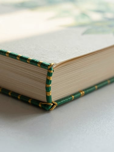 Close-up of a hand-stitched book spine with intricate green and gold thread using traditional Japanese binding technique, resting on a clean light gray surface, soft morning light, warm editorial photography