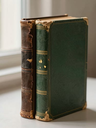 A split portrait of a restored vintage book, one side showing a torn leather spine, the other showing the beautifully repaired spine with clean stitching and gold leaf accents, neutral background, soft morning window light, shallow depth of field, warm editorial photography, 35mm