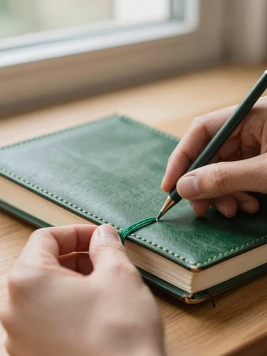 Hands carefully stitching a leather journal spine with green linen thread on a wooden workshop table, soft morning window light, detailed macro view.