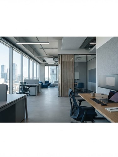 Modern office interior with clean lines, minimalist desk setup, and natural light, in desaturated blue and gray tones, sharp focus, architectural details, right third placement, wide panoramic view.
