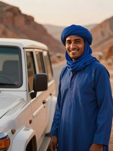 Portrait of a smiling Moroccan driver in a blue turban, warm golden-hour light, standing next to a modern 4x4 vehicle in a terracotta-toned mountain pass, shallow depth of field, 35mm