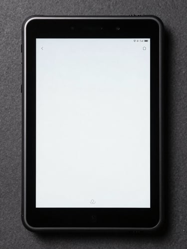 Top-down macro shot of a rugged Android tablet displaying a high-contrast simplified interface designed for senior users, sharp shadows, cool studio lighting.