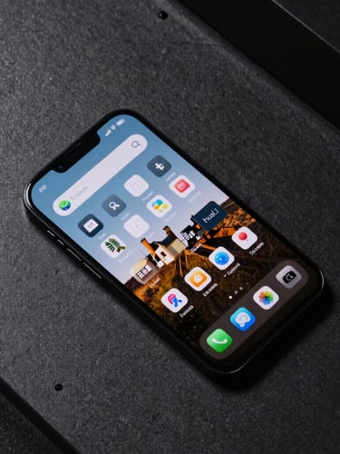 Top-down flat lay of a modern Android device displaying a high-contrast native UI layout with sharp shadows on a dark industrial surface.