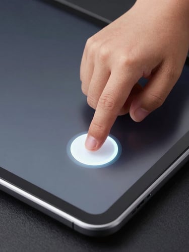 Macro top-down view of a child's hand precisely tapping a large high-contrast button on a sleek Android tablet, cool studio lighting, dark background.