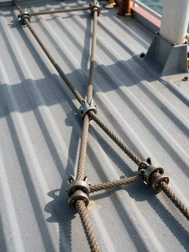 Close overhead shot of cargo containers being secured with steel lashing rods on a vessel deck, hard daylight casting sharp shadows across the corrugated metal surfaces, ropes and turnbuckles visible in the foreground