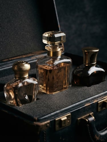 Macro studio photograph of luxury perfume bottles in transit cases, dramatic low-key lighting, deep obsidian and champagne gold tones, sharp focus, 35mm