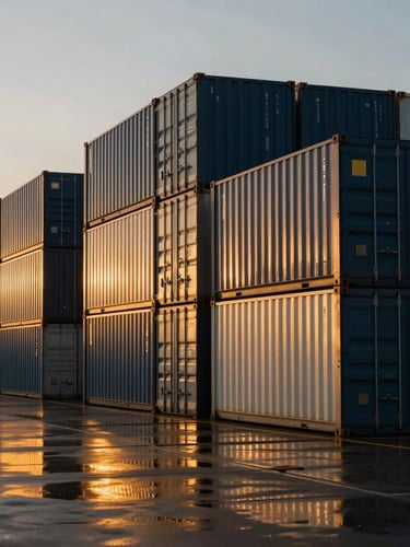 Wide angle dramatic shot of a modern cargo terminal at dusk, sleek shipping containers stacked neatly, golden hour reflections on wet tarmac, 35mm.