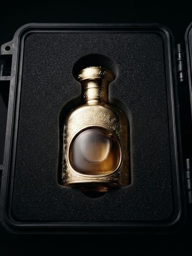 Macro photograph of a luxury gold perfume bottle nestled in a secure, custom-molded black transit case, sharp studio lighting, high contrast, 35mm.