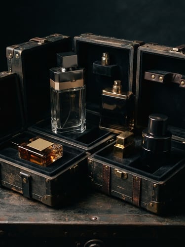 Sleek luxury perfume bottles in custom transit cases, dramatic low-key studio lighting with champagne gold highlights, sharp focus, 35mm editorial photography