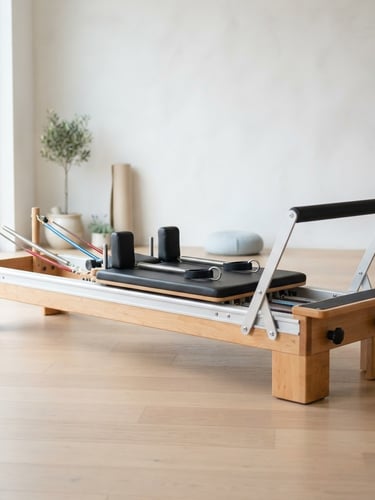 A sleek, modern Pilates reformer with Canadian maple wood and brushed aluminum accents, set in a minimalist, light-filled studio with soft, diffused daylight, off-center to the right, clean background.