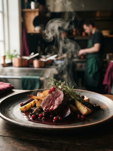 Close-up of steam rising from a freshly plated dish in a cozy Scandinavian-style restaurant kitchen, soft directional daylight, high contrast, matte finish, deep crimson and forest green tones.