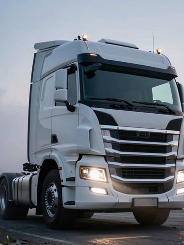 Low-angle heroic shot of a pristine, modern heavy truck cabin at twilight, headlights cutting through dramatic mist, sharp focus on the heavy-duty chrome grill, industrial high-reliability style.