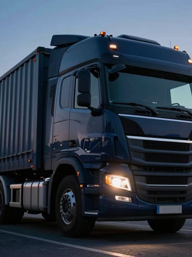 Low-angle heroic shot of a pristine, modern heavy-duty transport truck cabin in midnight navy, crisp twilight lighting with headlights cutting through the dark, cinematic framing.
