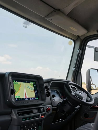 Close-up low-angle shot of a pristine heavy truck cabin with active GPS tracking screens glowing inside, crisp daylight.