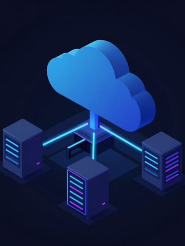Sleek dark-mode vector illustration of a multi-region cloud architecture, glowing neon blue lines connecting servers, orthographic projection, dark background