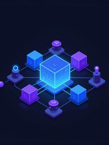 Sleek dark-mode vector illustration of a Kubernetes cluster schematic, glowing neon blue and violet accents, clean geometric data flows, sharp technical details, flat orthographic projection