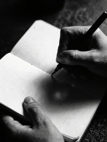 Extreme close-up of a photographer's hands scribbling in a heavily worn paper notebook, harsh direct overhead studio light, deep shadows, heavy film grain, 35mm tri-x