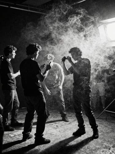 Behind-the-scenes film set chaos, raw studio key light cutting through smoke, heavy film grain, high contrast black and white.