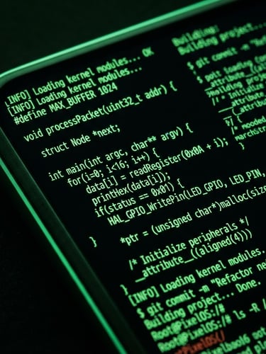 Macro close-up of a premium custom Android device screen showing a sleek, dark-mode terminal interface with neon green code lines, dramatic low-key studio lighting with green rim light, 35mm