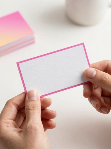Close-up of hands holding beautifully textured custom business cards with bright pink edges, soft natural light, Austin studio setting, shallow depth of field