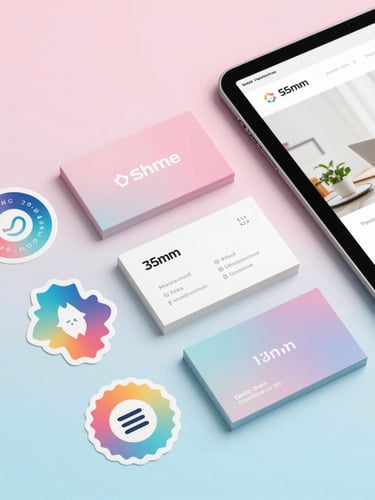 Flatlay of colorful business cards, custom stickers, and an iPad displaying a modern website mockup, bright studio lighting, soft pink and blue pastel background, 35mm