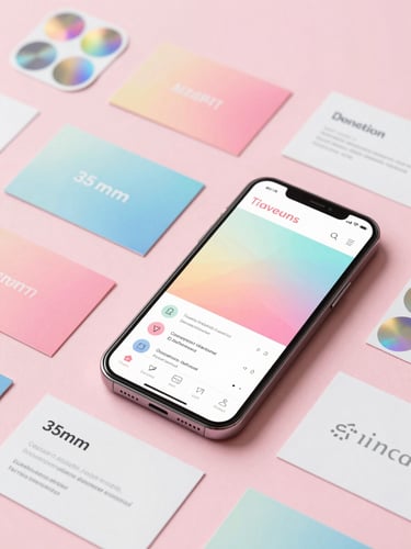 Flatlay of colorful custom business cards, holographic stickers, and a modern smartphone showing a matching clean website design on a soft pink background, bright studio photography, soft pastel gradients, clean modern mockups, crisp lighting, shallow depth of field, 35mm