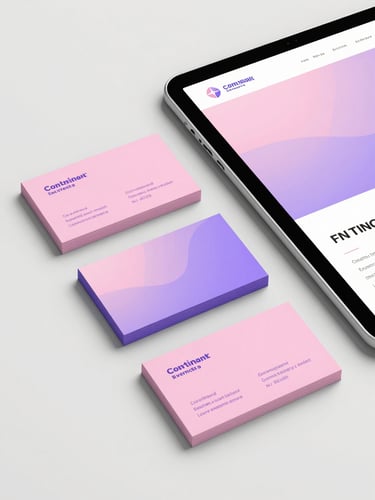 A flatlay of beautifully printed pink and purple business cards next to an iPad displaying a matching website design, bright studio lighting, soft shadows