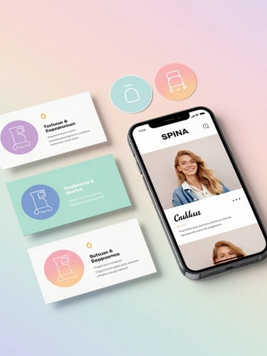 Flatlay of custom printed business cards, colorful round stickers, and a smartphone showing a matching modern website layout on a soft pastel gradient background.