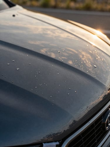 Extreme macro close-up of a freshly detailed car hood panel, water beading on deep graphite paint catching golden-hour light from the right, surface reflection showing sky and trees, detailing microfiber cloth visible at the lower-left corner, documentary framing