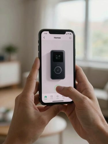 Close-up of hands holding a smartphone displaying a home security camera app, doorbell camera live feed visible on screen, soft north-facing indoor daylight, neutral home interior background slightly out of focus
