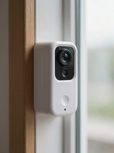 Close-up of a white doorbell camera mounted on a door frame, soft indoor daylight from a nearby window, wooden door trim visible to the left, camera lens in sharp focus, shallow depth of field