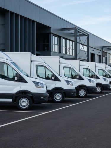 Sharp architectural crop of professional white fleet trucks parked in a perfect row outside a modern slate-gray commercial facility under bright natural daylight.