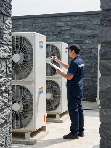 A professional facility manager in a clean uniform inspecting an outdoor commercial HVAC installation, bright natural daylight, slate tones, 35mm lens.