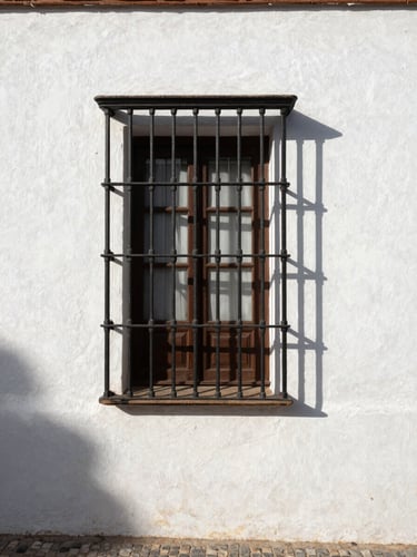 Close architectural detail of a whitewashed Andalusian building facade in Fuengirola, iron window grille casting geometric shadow on textured render, natural daylight from the left, narrow cobblestone edge visible at base
