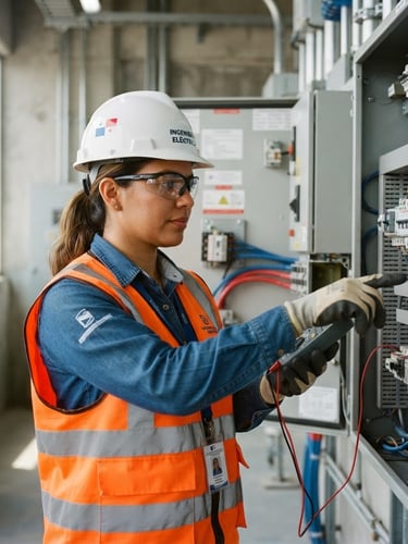 Portrait of a certified Panamanian engineer in a white hard hat and safety vest inspecting a modern electrical installation, bright natural daylight, clean blue and red accents, sharp focus, 35mm lens