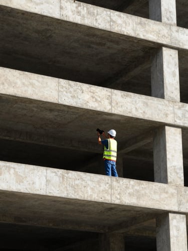 An engineer wearing a white hardhat and safety vest inspecting a concrete building structure under bright Panama sunlight, 35mm lens, sharp focus.