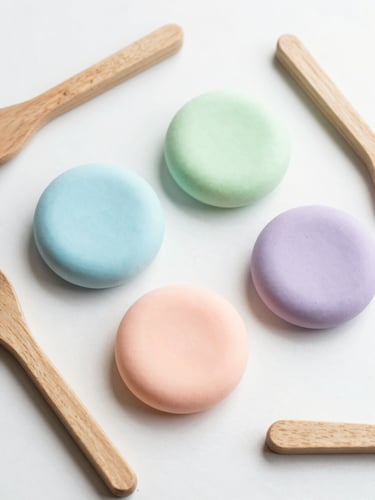Bright high-key overhead flatlay of colorful pastel slimes and wooden craft tools on a clean light surface, soft natural daylight