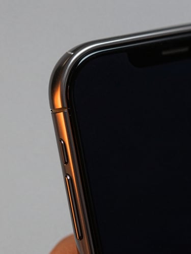 Extreme close-up of a phone screen edge-on under studio strobe light, armoring film edge precisely aligned to the corner, high contrast black surface, orange ambient reflection along the film border