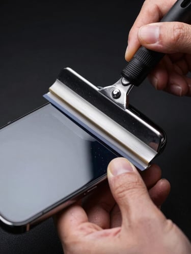 Extreme close-up, studio strobe lighting, technician hands applying military-grade protective film to a smartphone screen, film edge being pressed down with a squeegee tool, sharp edge detail visible, black background, high-contrast industrial documentation style