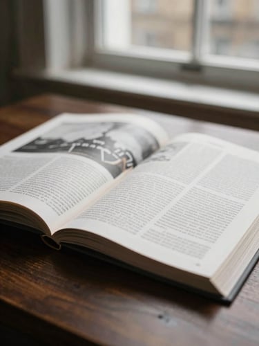 Close-up of a printed literary journal laying open on a dark oak desk, soft London overcast daylight filtering through a window, shallow depth of field.