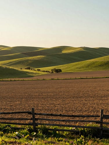 Wide panoramic view of rolling green hills and raw acreage at golden hour, rustic fence line in the foreground, 35mm photography