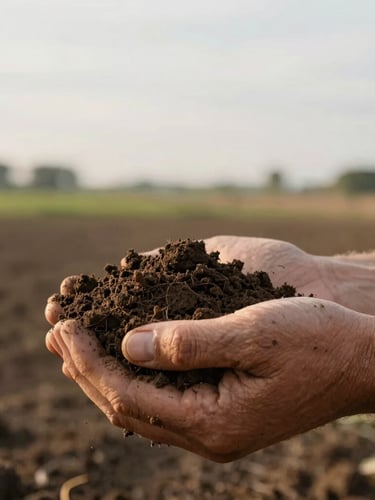 Close-up tactile detail of rich dark soil held in a farmer's hands, soft natural overcast daylight, focus on soil texture